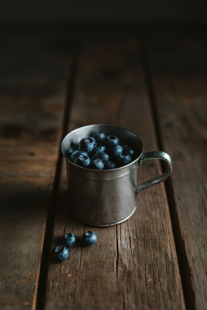 Metal cup and Blueberry on old woodの素材