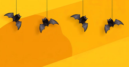 Black bats in row are suspended with spread wings on yellow orange backgroundの写真素材