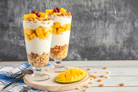 Mango and cereal yogurt parfait in tall glassesの写真素材