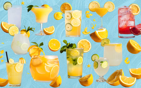 Variety of refreshing citrus lemonade drinks and cocktails collageの写真素材