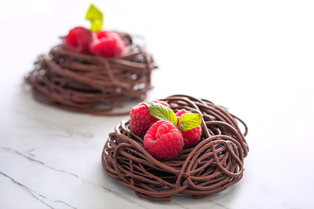 Raw chocolate pasta nests with raspberry on marbleの写真素材