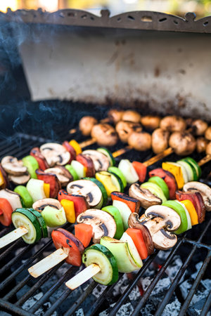 Vegetable and mushrooms kabobs on the grillの写真素材