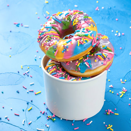 Unicorn donuts with colorful glaze and sprinkles in a white cupの写真素材