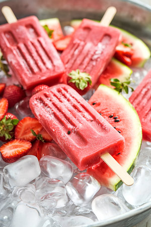 Watermelon and strawberry popsicles on ice filled trayの写真素材