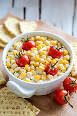 Corn and cream cheese dip with cherry tomatoesの写真素材