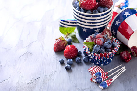 Cooking and making food for the Fourth of July, cups and cupcake linersの写真素材