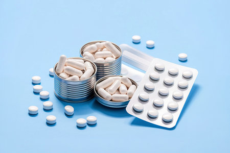 Pills in cans on a blue backgroundの写真素材