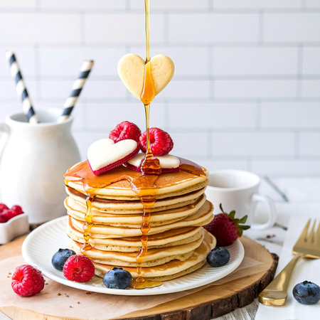 Stack of buttermilk pancakes with heart shaped cookies, fresh berries and maple syrup for breakfastの写真素材
