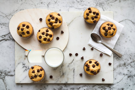 Chocolate chip muffins with milk overhead view on a marble boardの写真素材