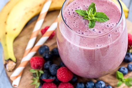 Healthy and fresh banana and mixed berry smoothieの写真素材