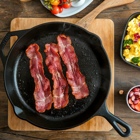 Cooked sizzling hot tasty crispy bacon on a skillet, scrambled eggs and vegetables ready for breakfast overhead shotの写真素材