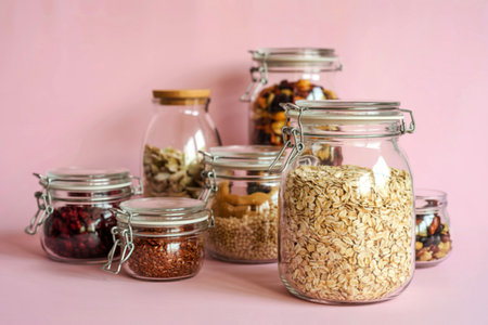 A collection of clear glass jars filled with various dry goods like oats, flax seeds, dried...