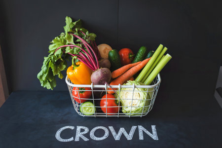 A white wire basket overflows with a vibrant assortment of fresh vegetables, including beets, carrots, celery, bell peppers, tomatoes, cucumbers, and cabbage, set against a dark background.の写真素材