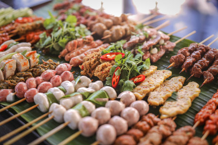 A vibrant display of various grilled skewers, including meat balls, sausages, and vegetables, arranged attractively on bamboo sticks at a food stall.の写真素材