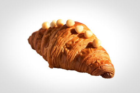 A flaky, golden-brown croissant with a rich, buttery texture, adorned with small, pearl-like toppings. Isolated on a white background.の写真素材