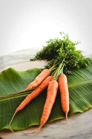 A bunch of vibrant orange carrots with their leafy green tops are artfully arranged on a large, textured green banana leaf.の写真素材