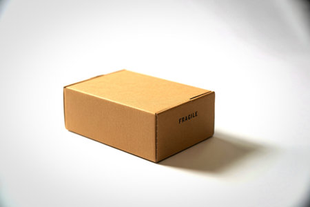 A simple, closed cardboard box sits on a plain white surface, casting a subtle shadow.