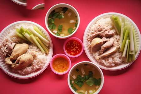 A top-down view of two plates of Hainanese chicken rice, accompanied by small bowls of broth and...