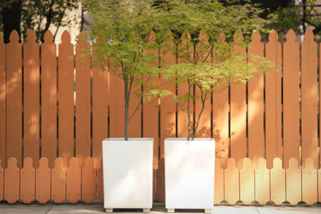 Two identical white modern planters are placed on a paved surface in front of a light brown wooden picket fence with greenery above.の写真素材