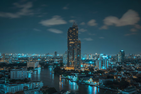 A modern skyscraper illuminated at night, casting reflections on a body of water amidst a sprawling city skyline under a cloudy sky.の写真素材