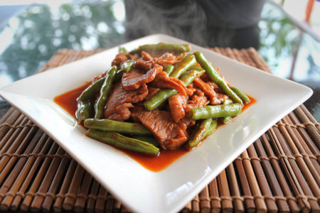 A close-up of a delicious stir fry featuring tender beef strips and crisp green beans in a rich...