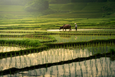 A farmer guides a water buffalo through flooded rice paddies, showcasing traditional agricultural practices in a serene, verdant landscape.の写真素材