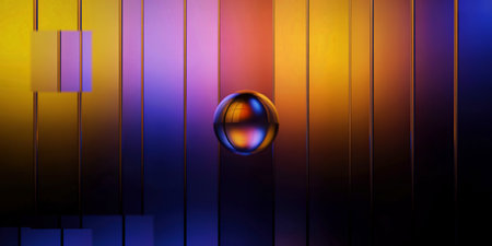 A single, dark orb with a glowing center reflects a spectrum of warm and cool colors against a...