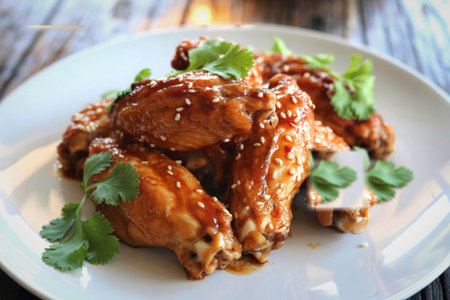 A plate of glistening, saucy chicken wings topped with sesame seeds and fresh cilantro, ready to be...