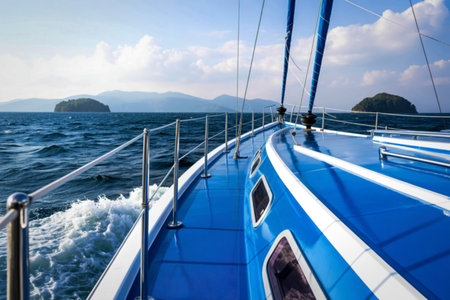 A view from the deck of a blue yacht as it sails through choppy ocean waters towards distant, hazy islands under a partly cloudy sky.の写真素材