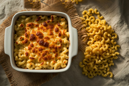 A square white baking dish filled with bubbly, golden-brown baked macaroni and cheese sits next to a pile of uncooked elbow pasta.の写真素材