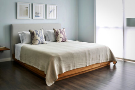 A neatly made bed with patterned pillows and a light blanket, set against a wall with framed artwork in a bright room.の写真素材