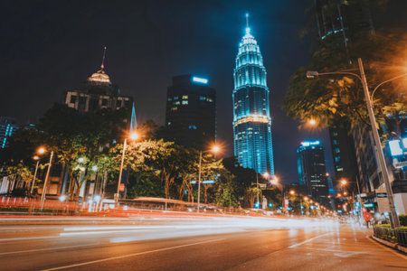 The iconic Petronas Towers glow brightly at night, with streaks of car headlights and taillights blurring on the busy street below.の写真素材