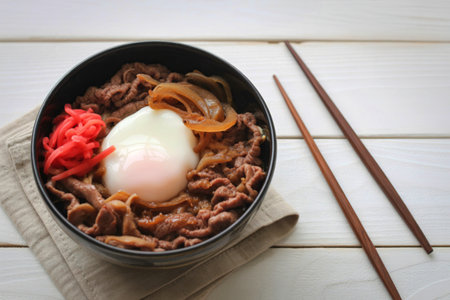 A close-up overhead view of a delicious beef bowl topped with a perfectly poached egg and vibrant pickled ginger, served with chopsticks.の写真素材