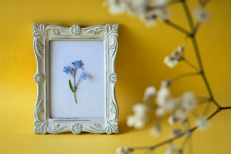 Forget me nots in vintage white frame on yellow