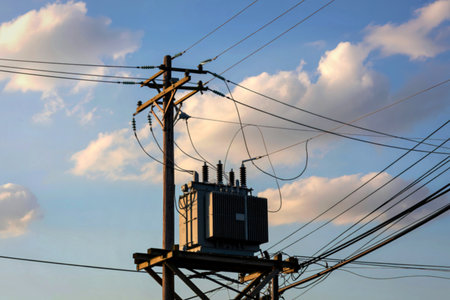 A large electrical transformer is mounted on a wooden utility pole, with numerous power lines crisscrossing against a backdrop of a blue sky and scattered white clouds.の写真素材