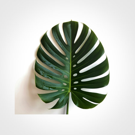 A close-up, top-down view of a vibrant green Monstera Deliciosa leaf. The leaf features...