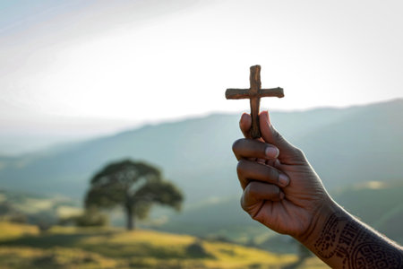 A person's hand, adorned with henna, holds a small wooden cross against a backdrop of rolling hills...