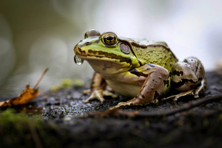A detailed close-up of a vibrant green frog perched on a dark, wet log, with a blurred natural background and a fallen leaf nearby.の写真素材