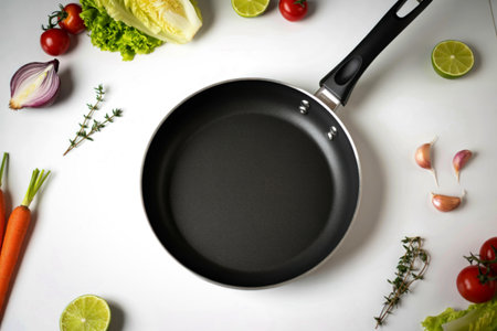 A black frying pan is surrounded by colorful, fresh vegetables and herbs, suggesting preparation for a delicious and healthy meal.の写真素材