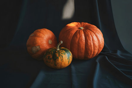 A still life composition featuring three pumpkins of varying sizes and colors, artfully arranged against a dark, draped background.の写真素材