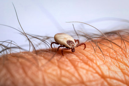 A detailed macro shot shows a tick firmly embedded in human skin, surrounded by fine hairs,...