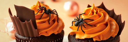 Two chocolate cupcakes topped with swirled orange frosting, dark chocolate decorations, and plastic spiders, perfect for Halloween celebrations.の写真素材