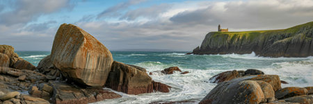 Rugged rock formations and crashing waves meet a distant lighthouse on a verdant cliff under a dramatic, cloudy sky.の写真素材