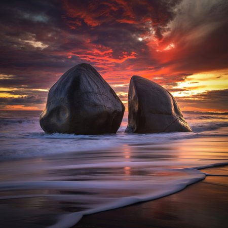 Two large, dark rocks stand in the ocean as a vibrant sunset paints the sky with fiery colors and waves wash over them.の写真素材
