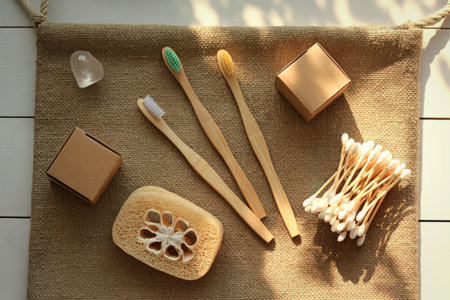 A flat lay of sustainable personal care items including bamboo toothbrushes, natural soap, and cotton swabs on a textured burlap surface.の写真素材