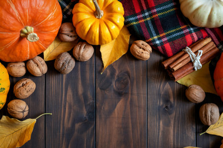 A warm autumn scene featuring pumpkins, walnuts, cinnamon sticks, and colorful leaves arranged on a rustic wooden surface.の写真素材