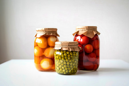 Three glass jars filled with preserved food items, including tomatoes, peas, and what appear to be pickled eggs, are arranged on a white table.の写真素材