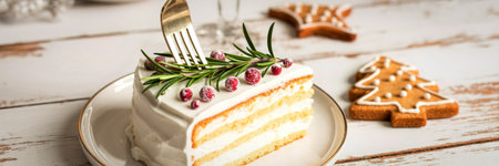 A delicious slice of layered white cake adorned with rosemary and berries sits on a plate next to festive gingerbread cookies.の写真素材