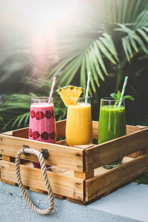 A refreshing assortment of vibrant fruit smoothies in glasses with straws, presented on a rustic wooden tray amidst lush green foliage.の写真素材