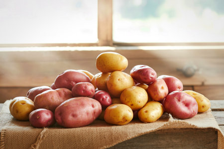 A generous pile of red and yellow potatoes sits on a textured brown cloth, bathed in soft light from a window.の写真素材
